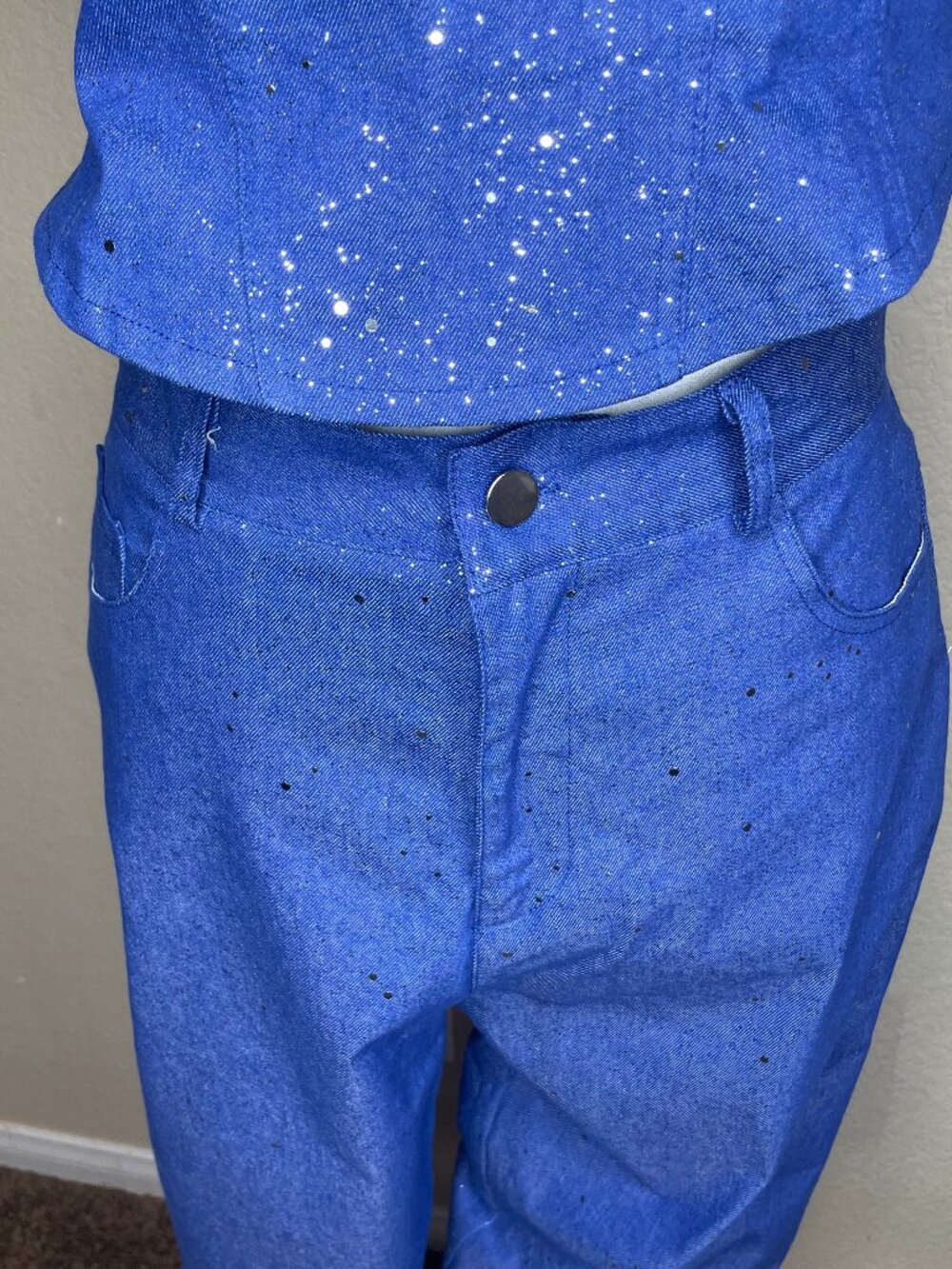 Y2K Sparkle Denim Two Piece Set Glitter Strapless Crop Top Straight Leg Pants S - Picture 5 of 13